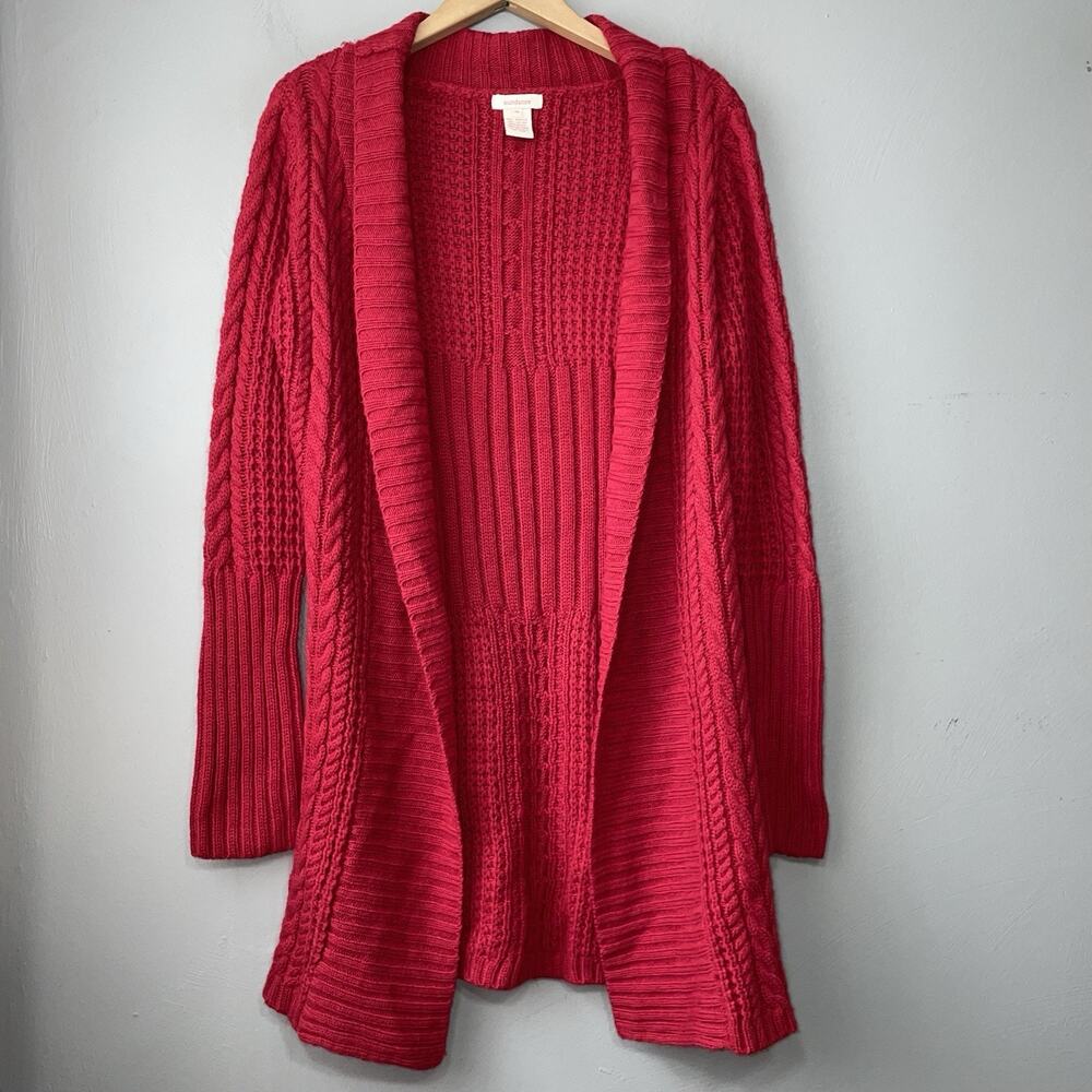 Sundance Cardigan Women Size Medium Red Longline Crochet Knit Open Front Sweater